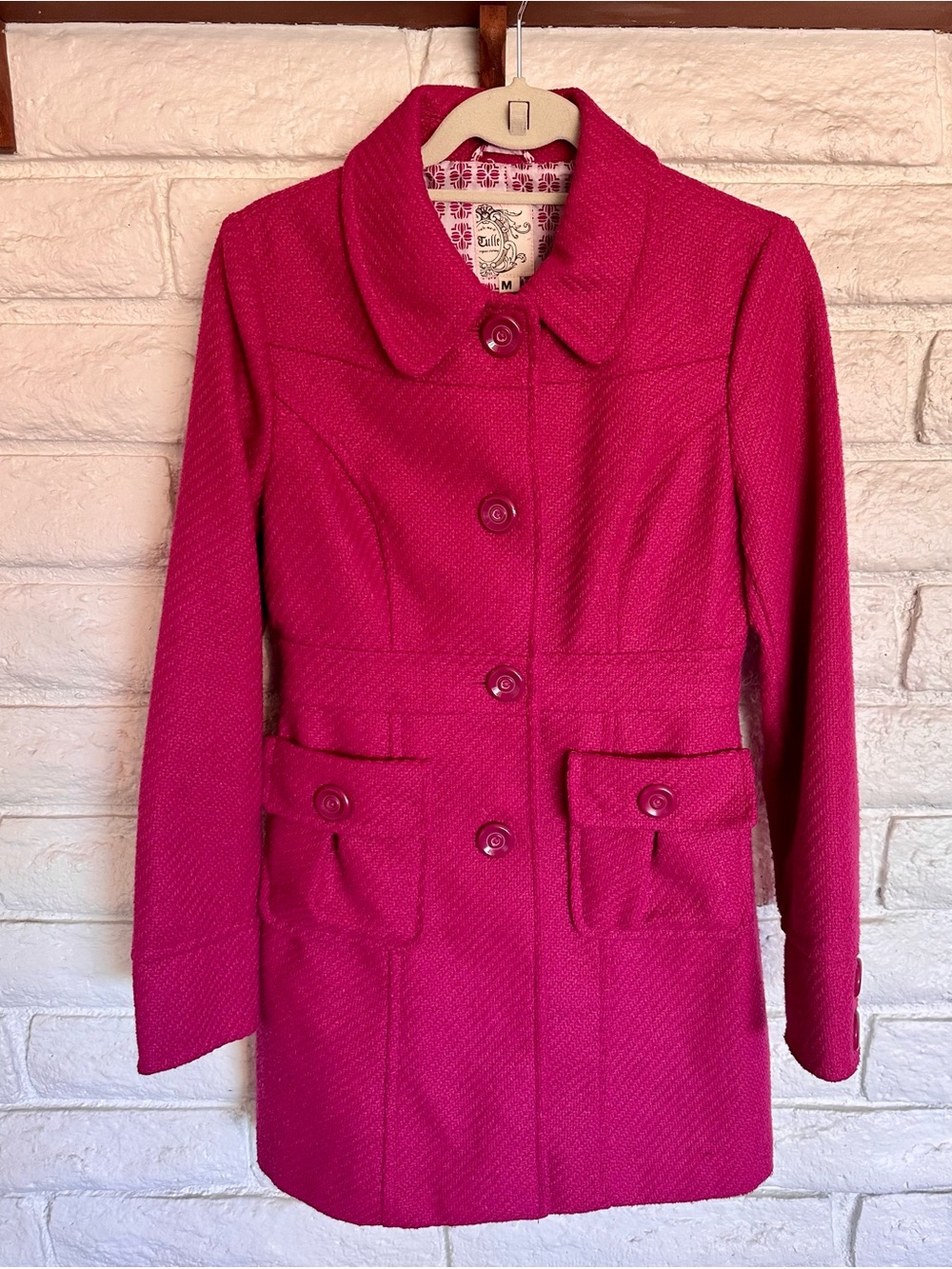 Tulle Women's Bright Fuchsia Button-Front Long Pea Coat Size Medium